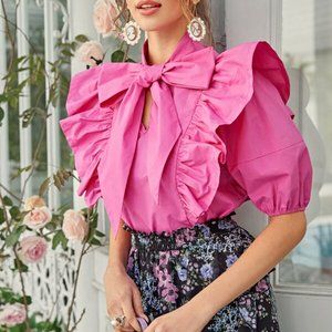 Neon Pink Tie Neck Exaggerate Ruffle Trim Top